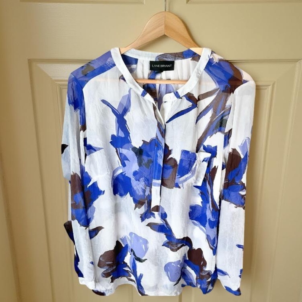 Lane Bryant floral watercolor, crinkle design,sheer, popover blouse SZ 14/16